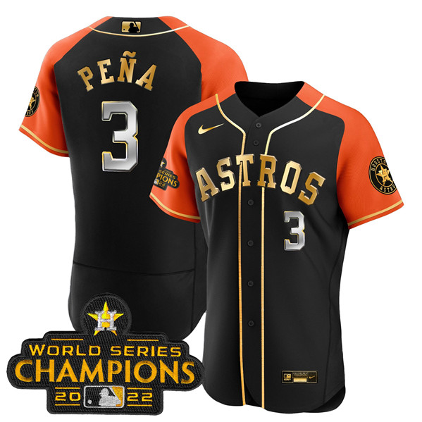 Men's Houston Astros #3 Jeremy Peña 2023 Black Gold V2 Alternate Flex Base Stitched Baseball Jersey Men's Houston Astros #3 Jeremy Peña 2023 Black Gold V2 Alternate Flex Base Stitched Baseball Jersey